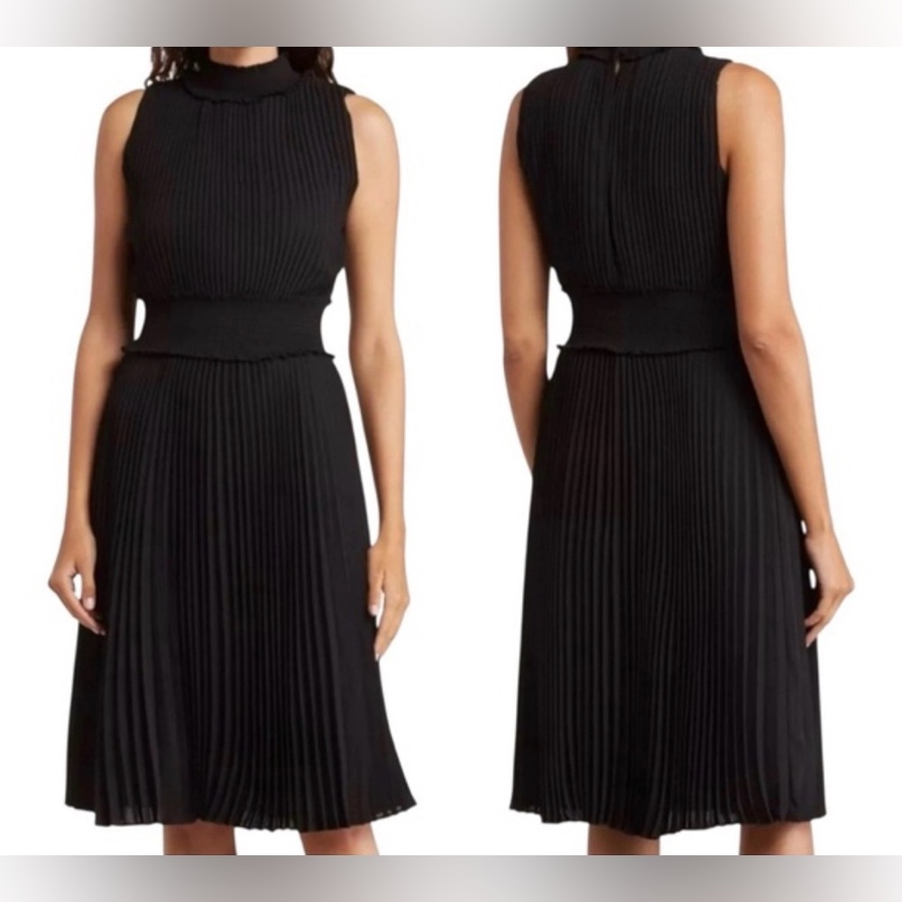 Nanette Lepore Black Pleated High Neck Sleeveless Midi Dress Size 10 - Picture 2 of 6